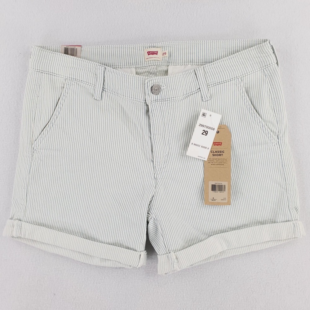 Levis Shorts Womens 29 White Blue Striped Classic‎ Chino Utility Stretch Denim
